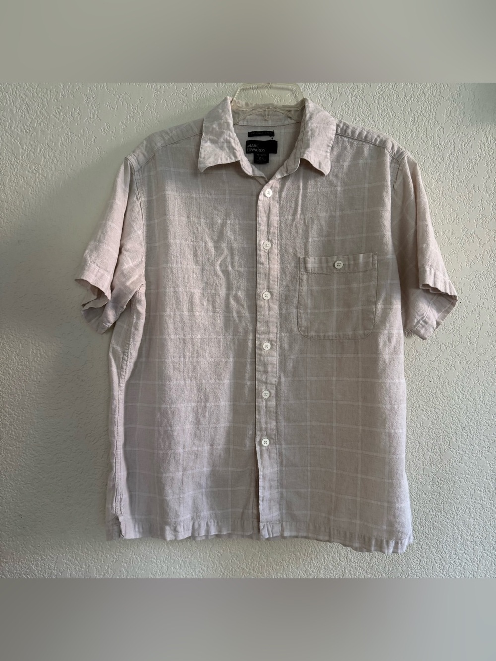 Marc Edwards Beige Plaid Washable Linen Blend Shirt Button Up Top Coastal L